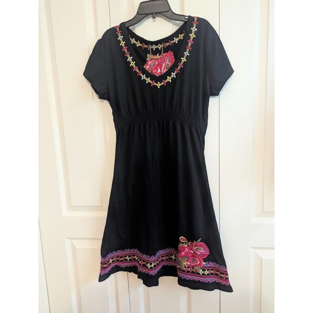 Bella Carra by BIZ Stretch Knit Black Dress with Floral Embroidery Boho